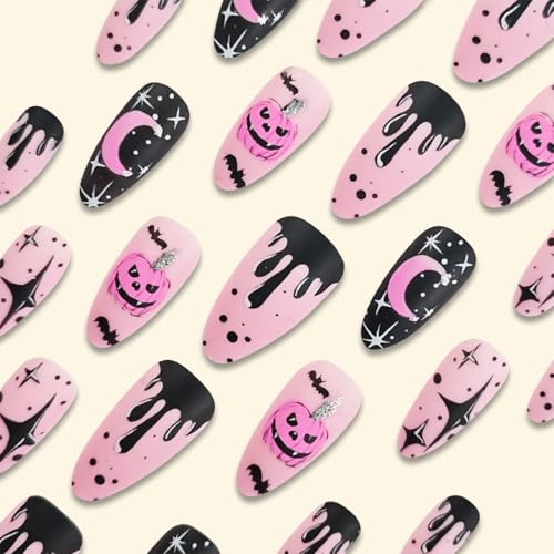 Halloween Press on Nails Medium Almond Fake Nails Matte Pumpkin Star Moon