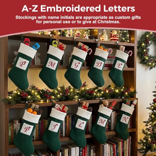 Christmas Stockings with Initials 19 Inches Green & White Knit with Greeting Card - Letter D Variation