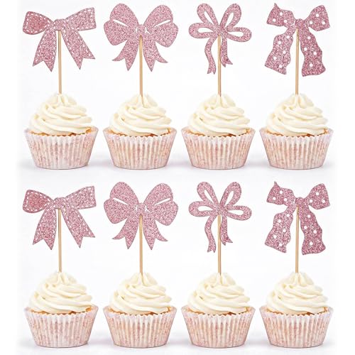 24 PCS Pink Bow Cupcake Toppers - Elegant Coquette Cake Decorations