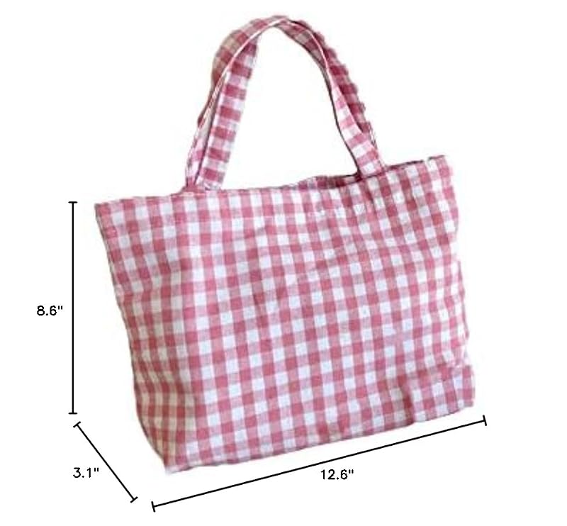 Joyhey Pink Plaid Canvas Tote Bag - Small 7.9" x 12.6" Grocery Beach Bag