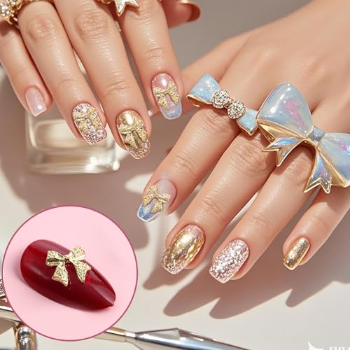 Gold Bow Nail Charms 3D Alloy Bowknot Decorations 20 Pcs