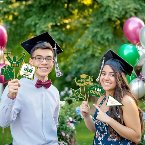 Avezano Class of 2026 Graduation Photo Booth Props - 21 Pcs Green and Gold Party Supplies