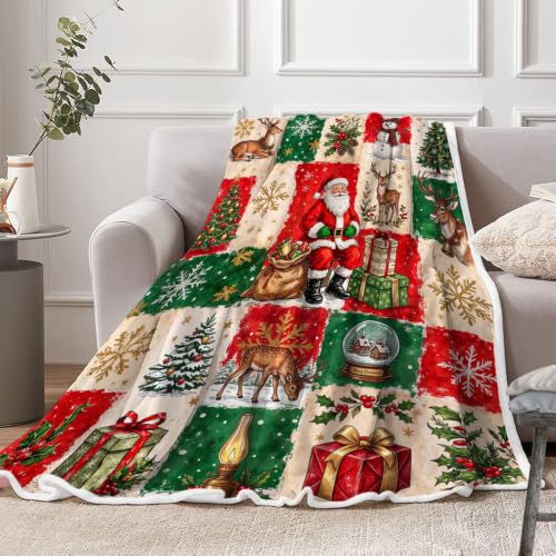 Christmas Santa Deer Throw Blanket - Holiday Patchwork Fleece 50x60, Red