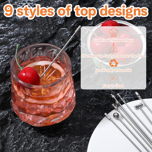 Stainless Steel Martini Cocktail Picks Set of 9 - Reusable Olive Skewers