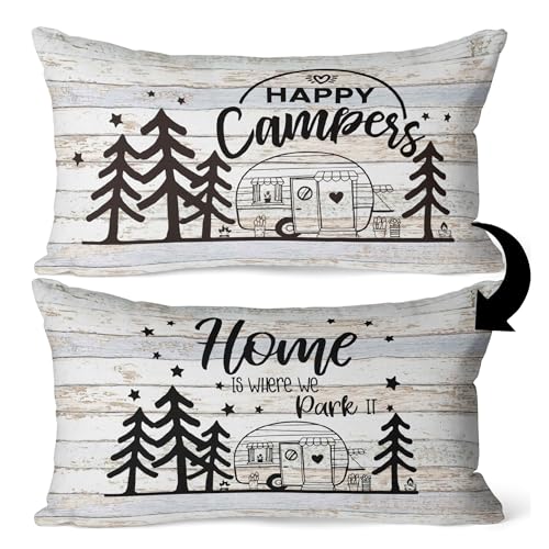 Happy Camper Reversible Throw Pillow Cover 12 x 20 Inch - Wood Grain Camper
