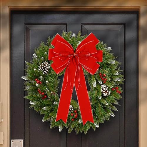 Red Christmas Bow Outdoor Decorations 12x20 Velvet Wreath Bow with Glitter & Gold Edge - Variation: Red