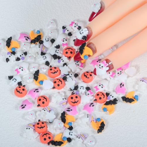 90 Pcs Halloween Resin Nail Charms 3D Pumpkin Ghost Bat Gothic Gems