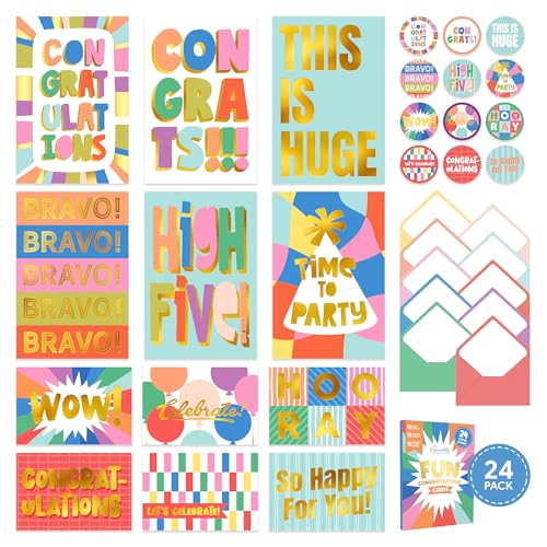 Decorably 24-Pack Congratulations Cards with Envelopes, Gold Foil 6x4in