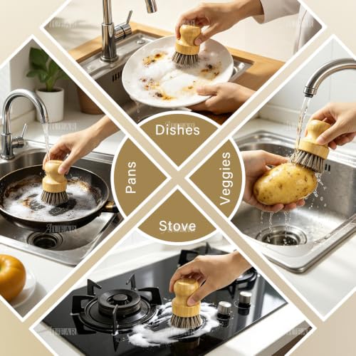 AUEAR Natural Bamboo Dish Scrub Brush 4-Pack - Coconut Bristles for Pots & Pans