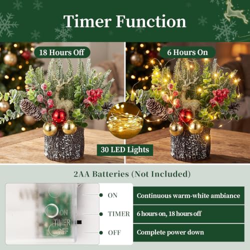 Christmas Centerpiece with Lights and Timer - Mini Tree with Reindeer, Pine Cones & Berries