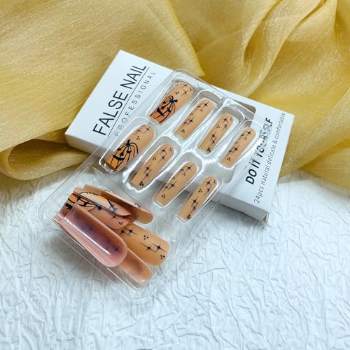 Long Square Halloween Press on Nails with Pumpkin Designs 24Pcs