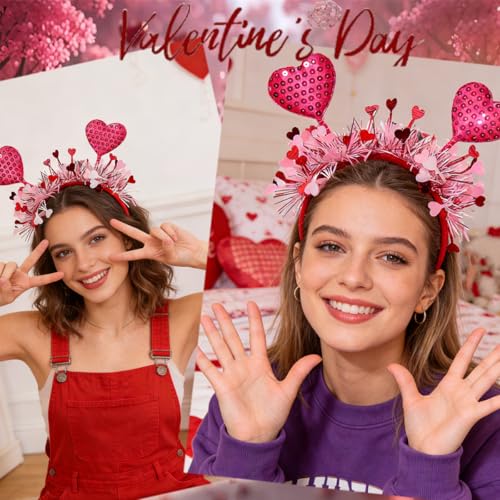 Valentines Pink Heart Headband Plush Sparkly Hair Hoop for Women
