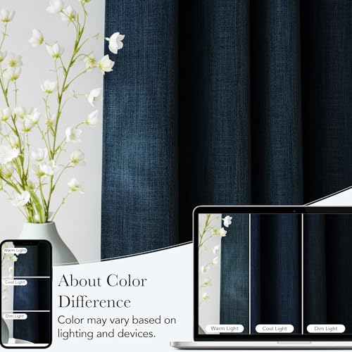 NICETOWN Navy Blue Faux Linen Blackout Curtains - 63" Grommet Panels for Privacy