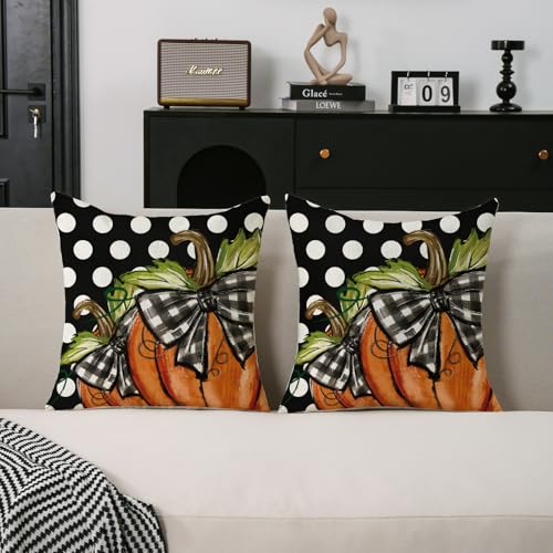 TAJWE 18x18 Polka Dot Pumpkin Pillow Covers - Black & Yellow, Set of 2