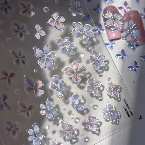 ZOAZJINAZ 5D Embossed Laser Flower Nail Stickers Self-Adhesive Floral Decals