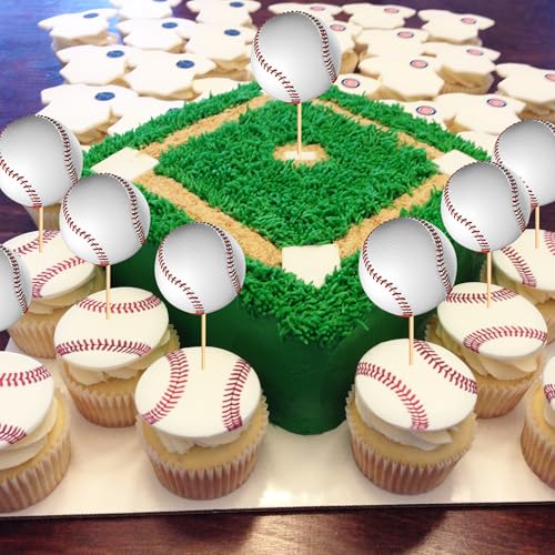 Baseball Cupcake Toppers - 24-Pack White Baseball Decorations