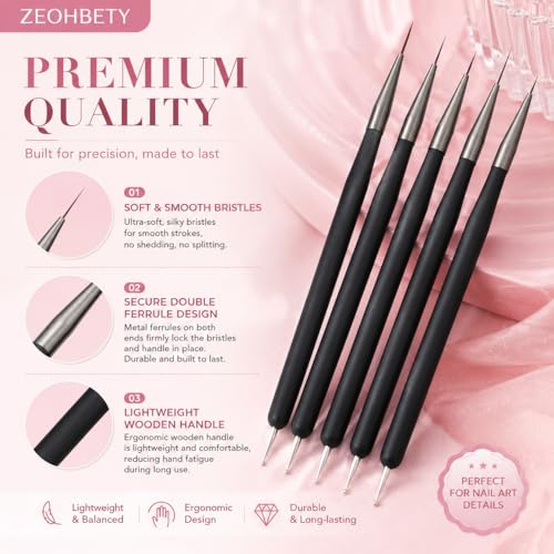 ZEOHBETY 5Pcs Nail Art Liner Brushes and Dotting Pen Set - Fine Drawing Sizes 7mm to 22mm