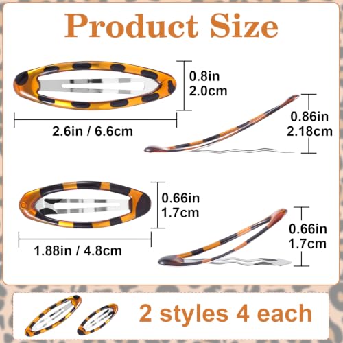 STSTR 8PCS Tortoise Snap Barrettes for Women Metal Hair Clips 2 Sizes