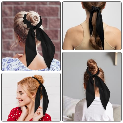 Mabor Satin Hair Scarf Scrunchies with Bow Tail - 2 Pcs Black Ribbon Ponytail Holder