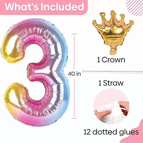 40 Inch Rainbow Gradient Number 3 Balloon with Crown - Reusable Foil