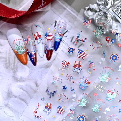 Quezadyl 3 Sheets 5D Independence Day Nail Stickers American Flag Decals