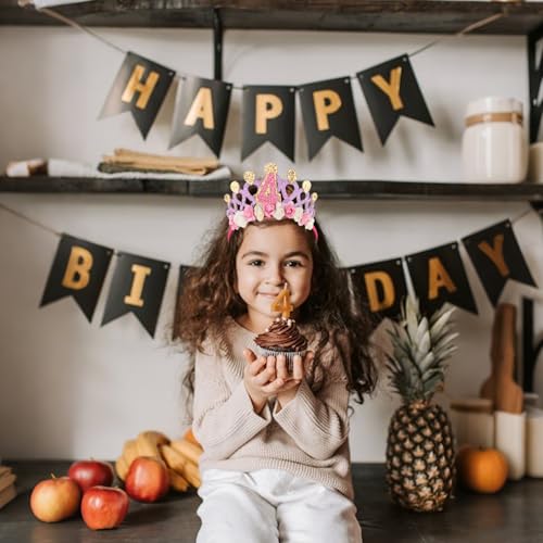 TODDER 4th Birthday Headband Glitter Pink Hair Accessory with Flowers