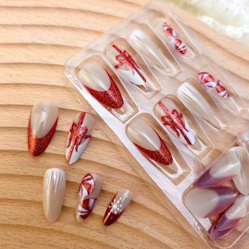 Christmas Press on Nails Almond Red French Tip False Nails