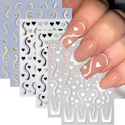 6 Pcs Valentines Glitter Heart Nail Stickers Self-Adhesive Decals