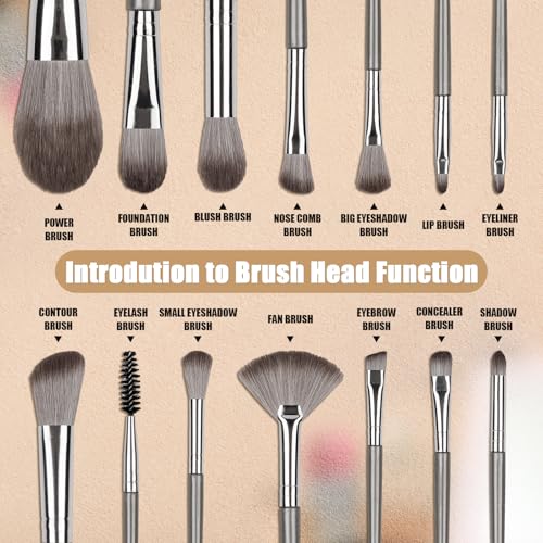 Amrules 14-Piece Professional Makeup Brush Set with PU Bag, Grayish