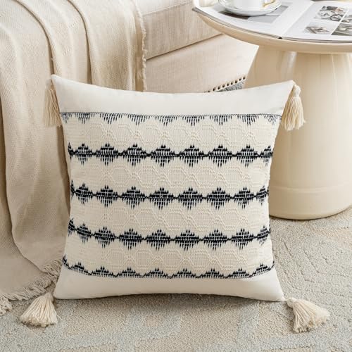 Fancy Homi Black Textured Throw Pillow Covers 18x18 - Set of 2 Boho Tassels