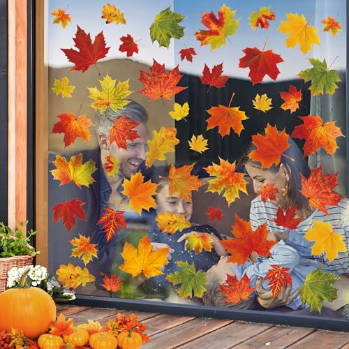 9 Sheets Fall Maple Leaf Window Clings - Reusable Autumn Decals for Glass