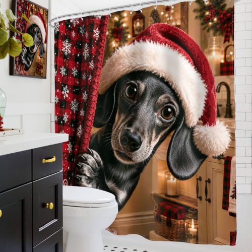 Christmas Dachshund Shower Curtain - Cute Holiday Bathroom Decor, 60"W x 72"L (Pack of 1) - Red & Green Festive Design