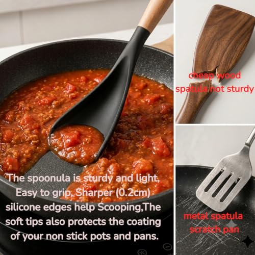 LorisArm Large Nonstick Silicone Spoonula with Wooden Handle - 11.2"