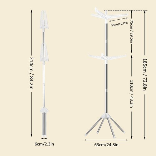 SUYU Clothes Drying Rack,Folding Clothes Drying Tree, 2 Layer with 6 Rotatable Arms,72-Inch Indoor Clothes Rack,Stainless Steel,4 Legs,White and Silver SNJ202