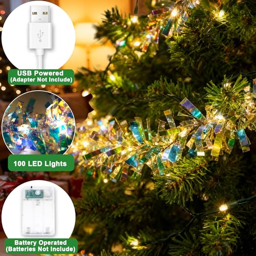 Lighted Christmas Tinsel Garland 2 Pack - Iridescent Metallic Foil Streamers with Lights