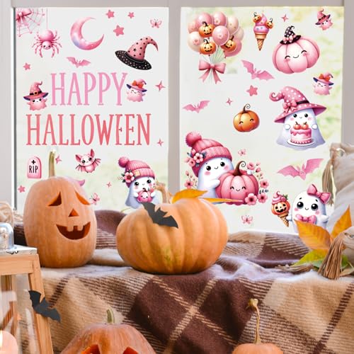 Whaline Halloween Window Clings - 9 Sheets Pink Ghost & Bat Decor