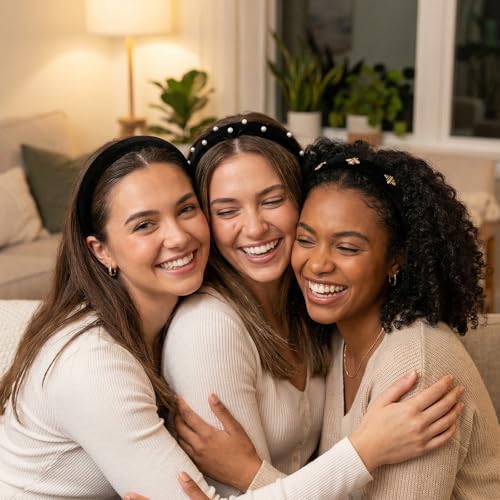 Black Velvet Headbands for Women 3-Piece Set with Pearl and Bee