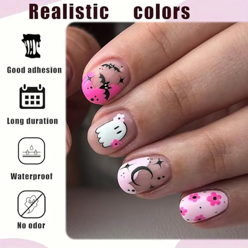 KTAABTR Pink Halloween Ghost Press on Nails Short Square False Nails