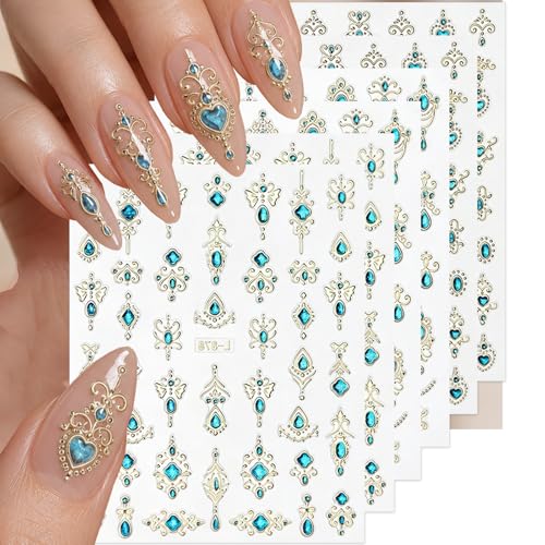 Porszova Embossed Gemstone Nail Stickers - 6 Sheets Blue Gold Nail Decals
