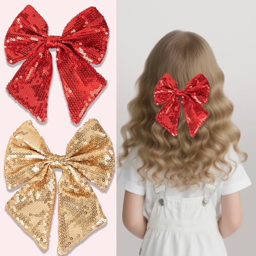 ZOONAI Sequin Glitter Hair Bow Clip - Sparkling Red Bowknot for Girls