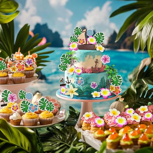 27PCS Tropical Cake Decoration Set - Boat, Coconut Trees & Flowers