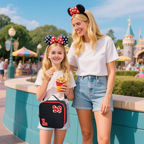 Initial Letter L Insulated Lunch Bag - Preppy Mouse Bow Design for Girls
