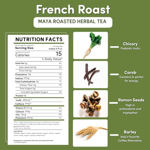 Teeccino French Roast Herbal Tea - Caffeine-Free Prebiotic Coffee Alternative - 25 Tea Bags (Pack of 1)