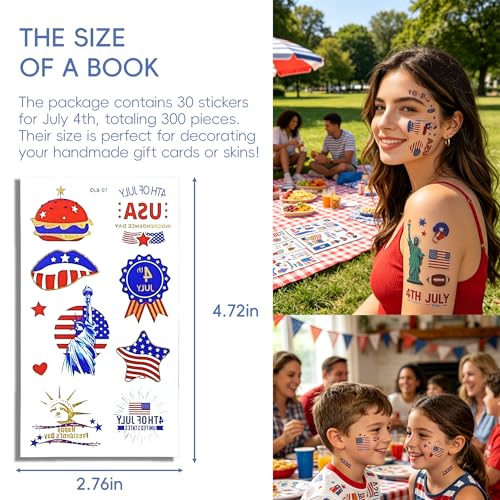300+ Pcs 4th of July Temporary Tattoos Patriotic USA Flag Stickers Party Favors