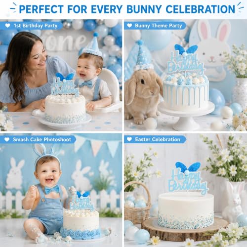 Blue Glitter Bunny Ears Cake Topper for Kids Birthday Party