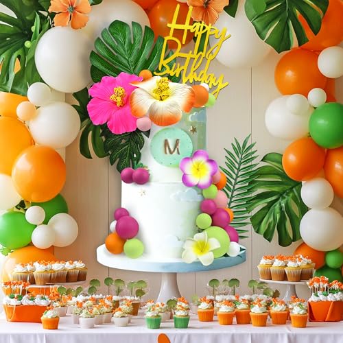 37pc Hawaiian Flower Cake Topper Set, Rose Orange Summer Party Decoration