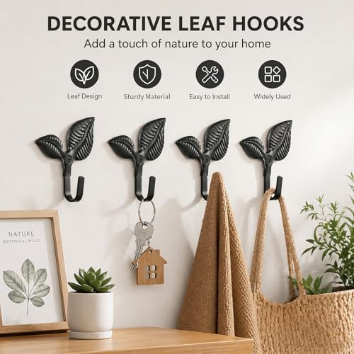 Leaf-Shaped Iron Wall Hooks - 4 Pack Decorative Coat Hooks