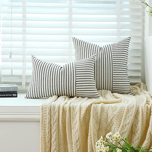 Farmhouse Striped Throw Pillow Covers 18x18 Inch, Set of 2 - Black