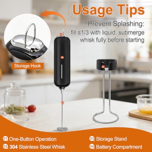 Battery Operated Handheld Milk Frother with Stand & Hook