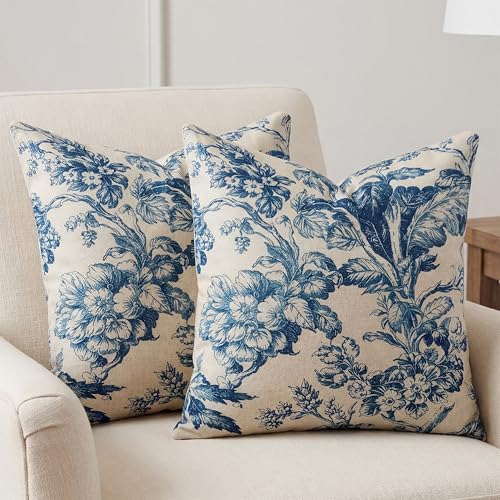 Vintage Blue White Floral Linen Throw Pillow Covers - Set of 2, 18x18